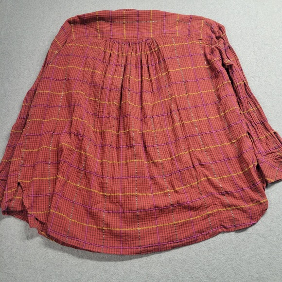 Free People Break My Stride Semi Sheer Button Down Top Sherry Combo Red Medium - Picture 8 of 9